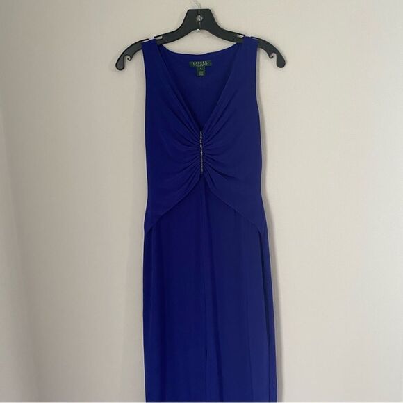 Lauren Ralph Lauren Ruched Sleeveless V Neck Blue Gown size 2 - Picture 1 of 6